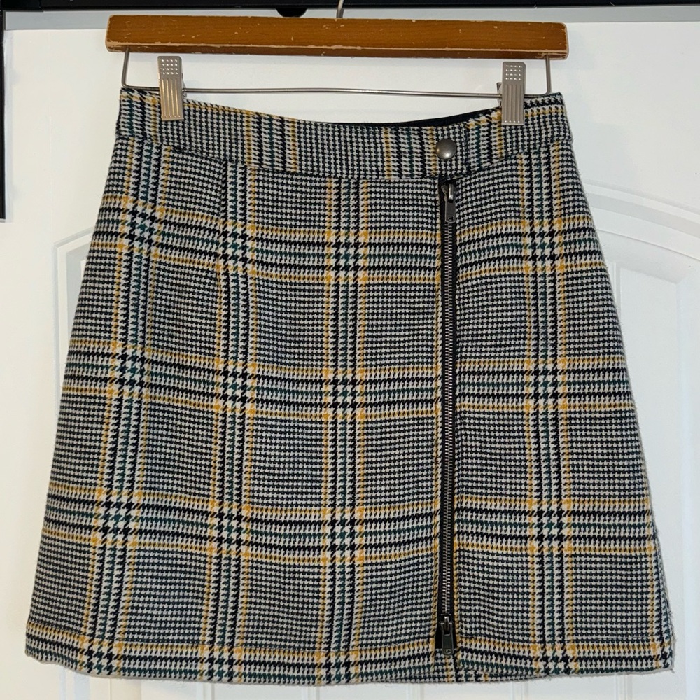 Abercrombie & Fitch Wool yellow navy black plaid mini skirt with exposed zipper